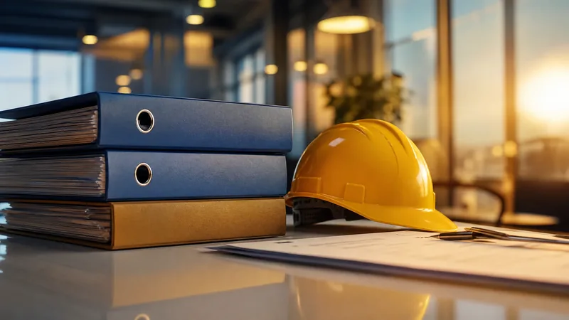 Payroll binders and a hard hat on a desk, Connecticut Paid Leave