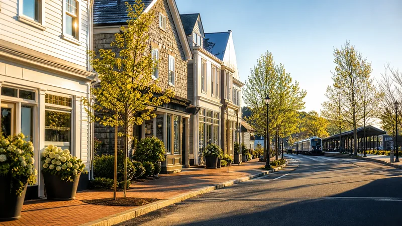 Affluent New England downtown of white clapboard and stone shops with planters near a commuter rail platform, Greenwich, CT Business Licenses